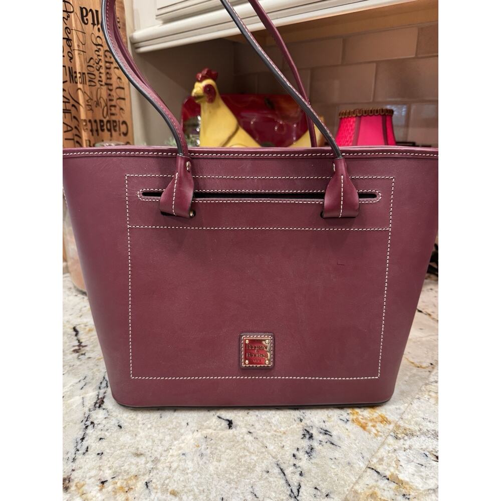 Dooney & Bourke Double Handled Tote Burgundy with Cream Stitching Zip Pockets